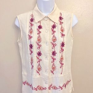 Erika Petite Small Linen Button Down Shirt with Embroidery and Wooden Beads